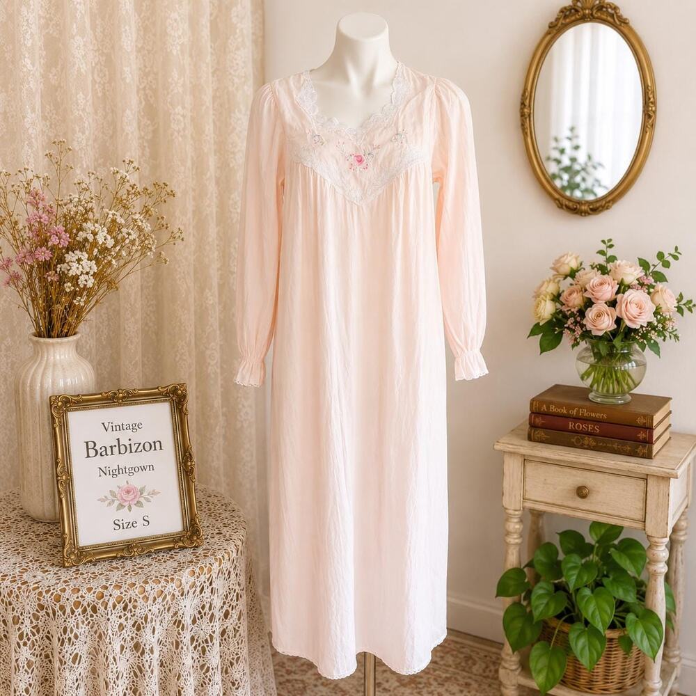 Vintage Barbizon Pink Nightgown Lace Yoke Floral Embroidery Small Cottagecore
